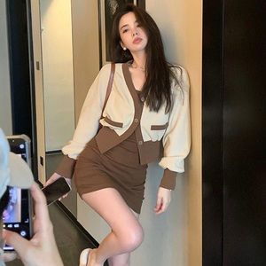 Small incense trench coat irregular suspenders short skirt two-piece set